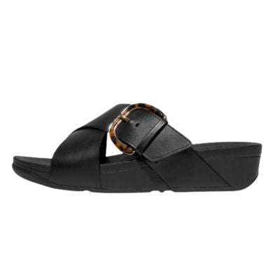 Fitflop Lulu Resin-Buckle Cross Slides All Black Women's Sandals