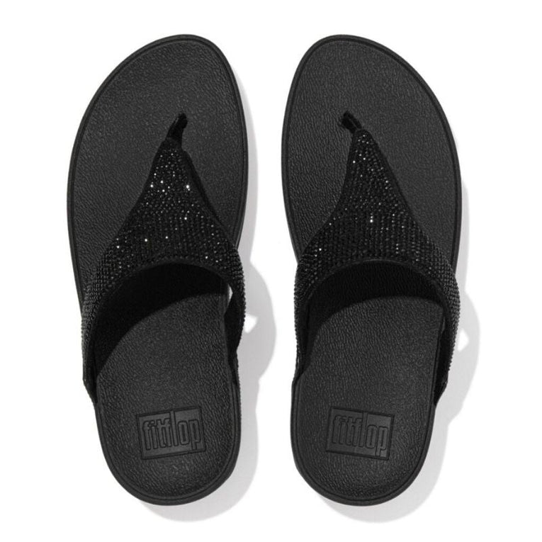 Fitflop Lulu Crystal Embellished All Black Toe-Post Women's Sandals